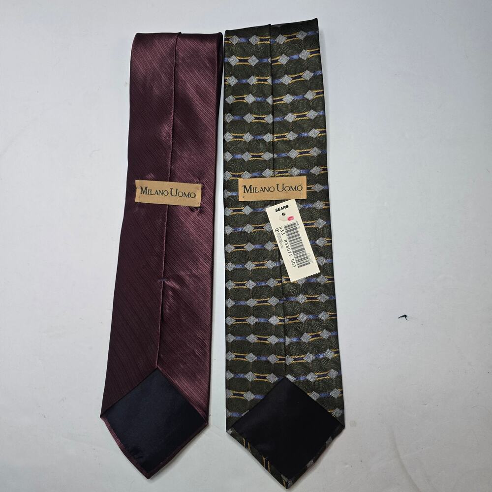 Vintage Milano Uomo Silk Tie Lot 2 Made USA Wide 4" Geometric Green Burgundy NOS